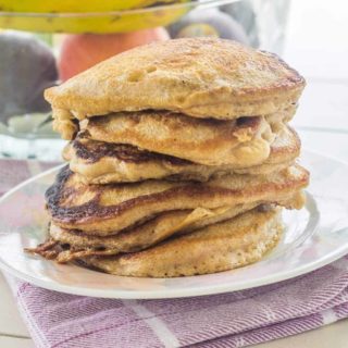 One Bowl Buttermilk Banana Cinnamon Pancakes. Easy to make hardy pancakes. Everything mixes in one bowl. Serve warm with butter and syrup.