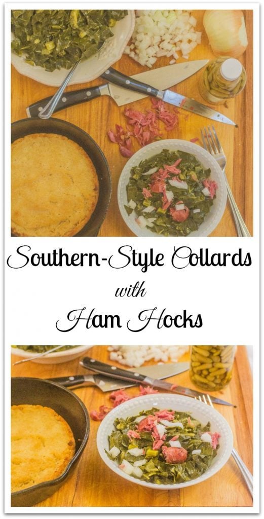 Southern-Style Collard Greens with Ham Hocks on platter. 