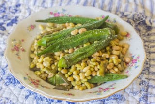 Southern Field Peas and Okra. This variety shown is zipper peas. Cooked simply with smoked meat, okra , salt and pepper. The crown jewel of Southern summer vegetables.