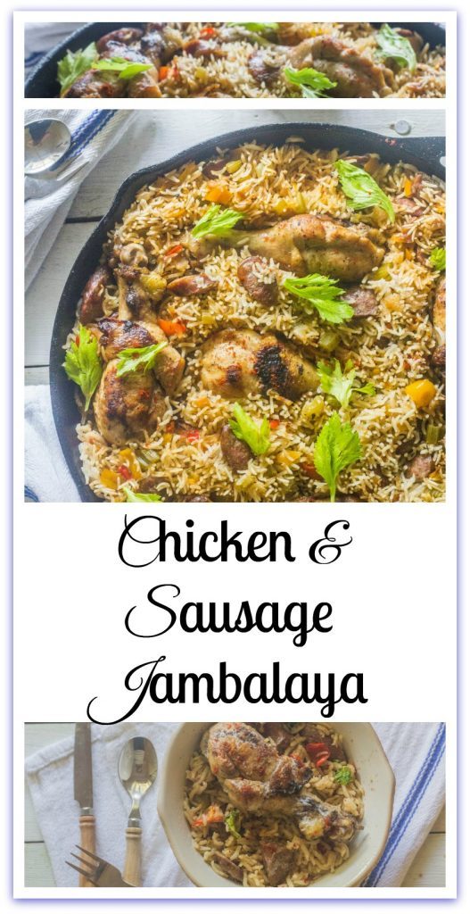 Chicken and Sausage Jambalaya. A one pot meal . Chicken, sausage, vegetables and rice seasoned with Cajun seasoning, cooked in a cast iron skillet.