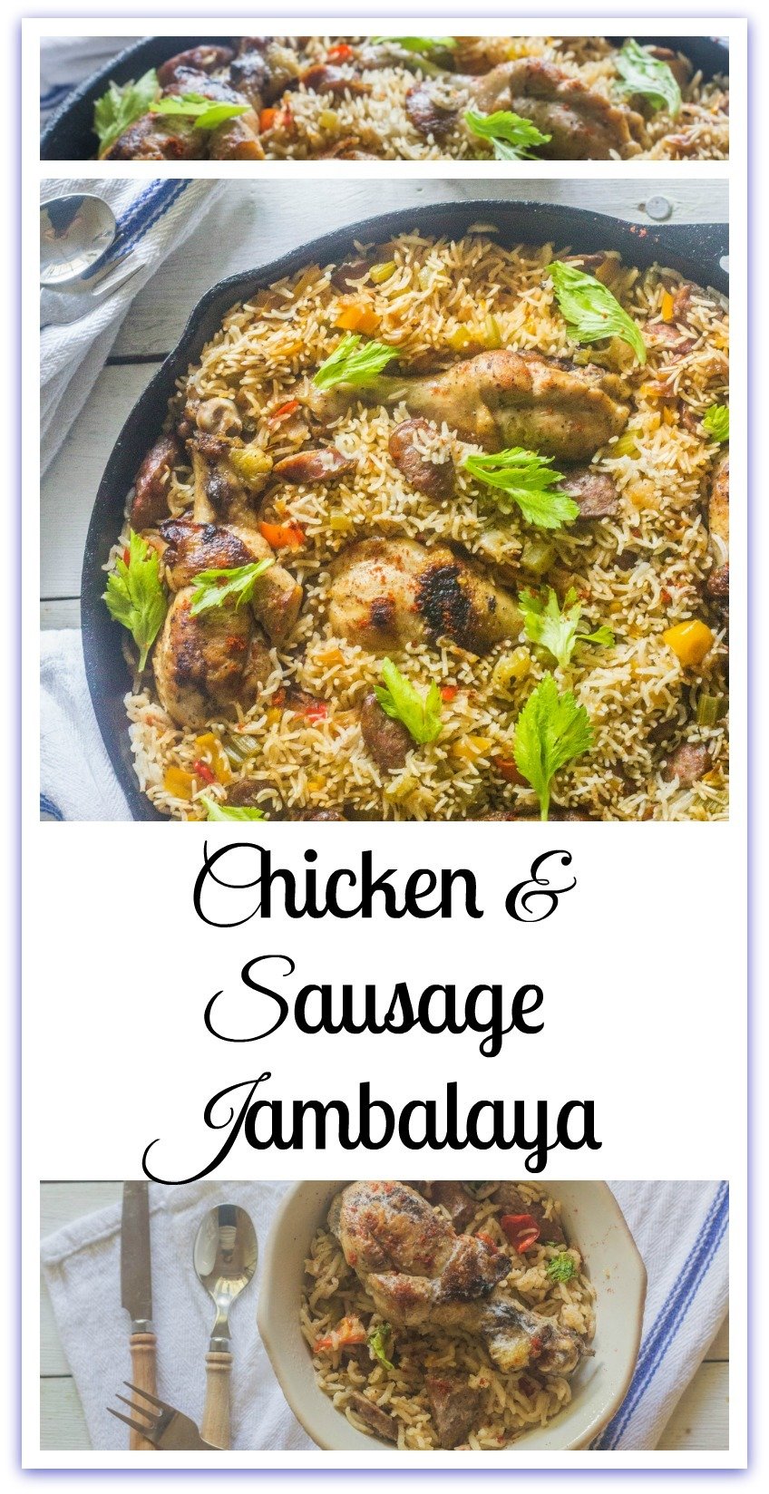 Chicken and Sausage Jambalaya. A one pot meal . Chicken, sausage, vegetables and rice seasoned with Cajun seasoning, cooked in a cast iron skillet.