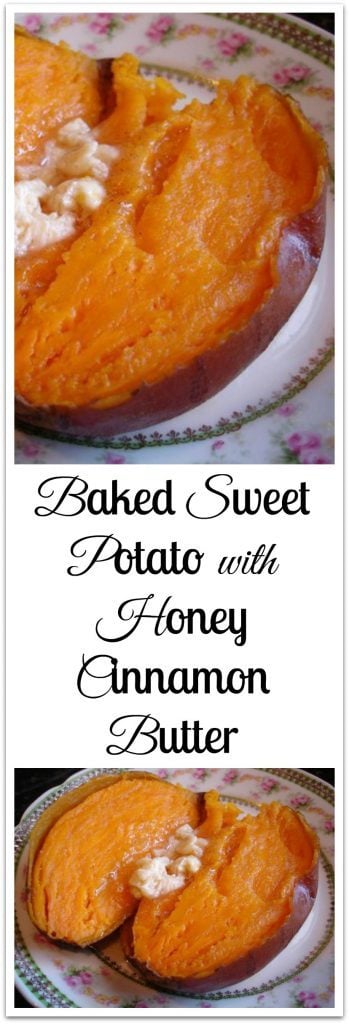 Baked Sweet Potato with Honey Cinnamon Butter on plate