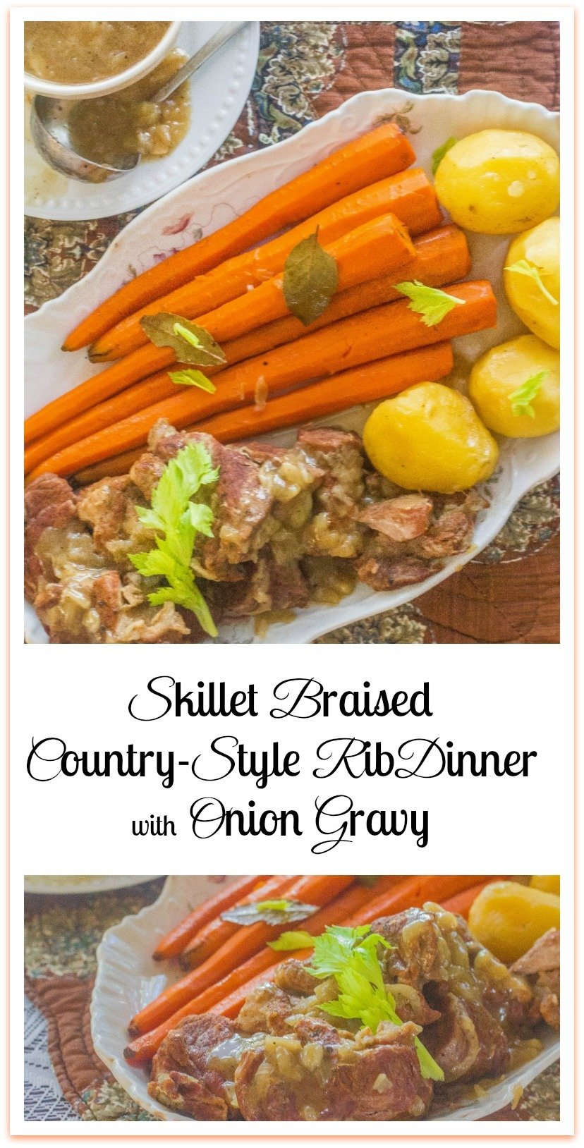 let's talk about  the Skillet Braised Country-Style Rib Dinner with Onion Gravy that I  fixed in my Lodge cast iron skillet.  It's a one pot skillet meal that's  so good it will make you want to swallow your tongue. The pork is tender like butter and the gravy has a flavor you'll crave for the rest of your natural life. #SkilletBraised #CountryStyleRibDinner