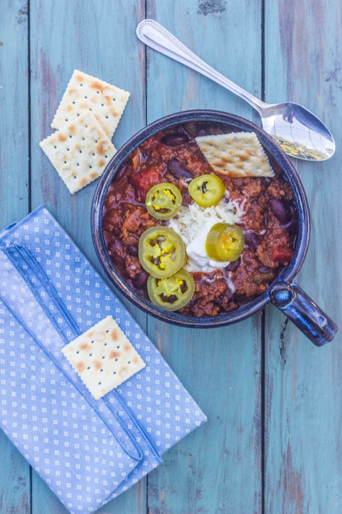 Beef and Bean Chili. Hardy and filling. Made with ground beef, aromatics and ordinary pantry items.