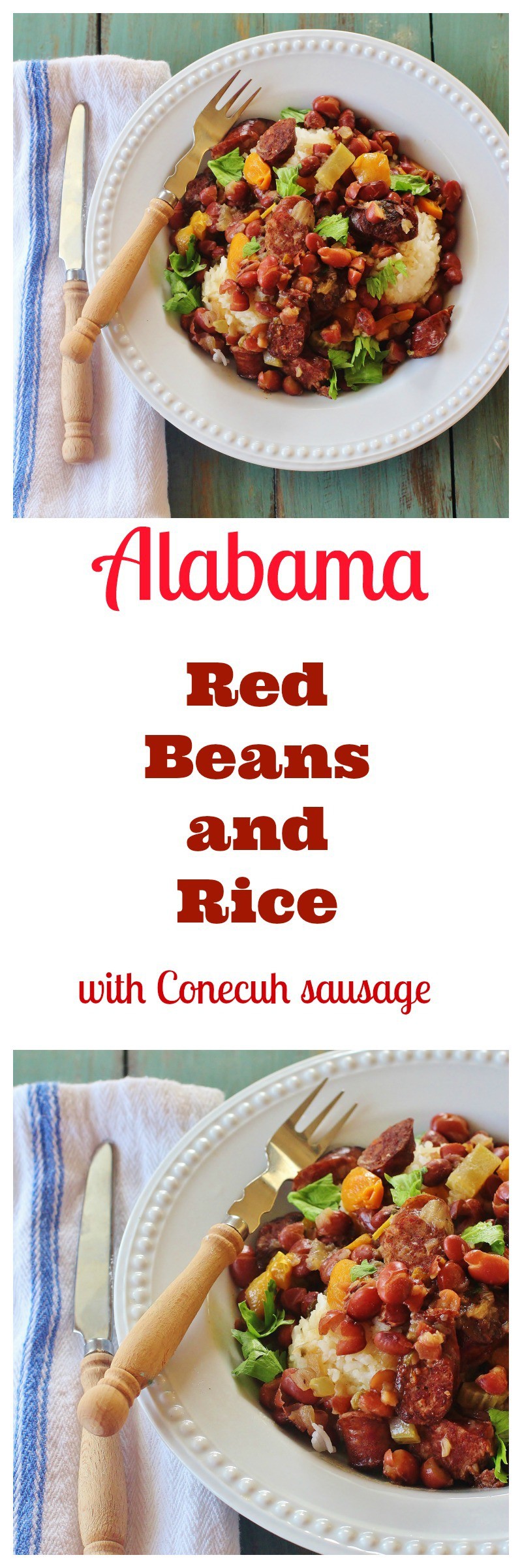 This is a Cajun inspired dish with an Alabama twist.   The traditional recipe for Red Beans and Rice uses andouille sausage, a Cajun ingredient.  I opted for Conecuh Sausage, an Alabama ingredient. #RedBeans #Rice #ConecuhSausage