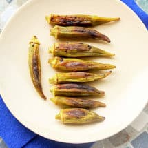 Roasted okra. Okra tossed with oil, salt and pepper and roasted until browned.