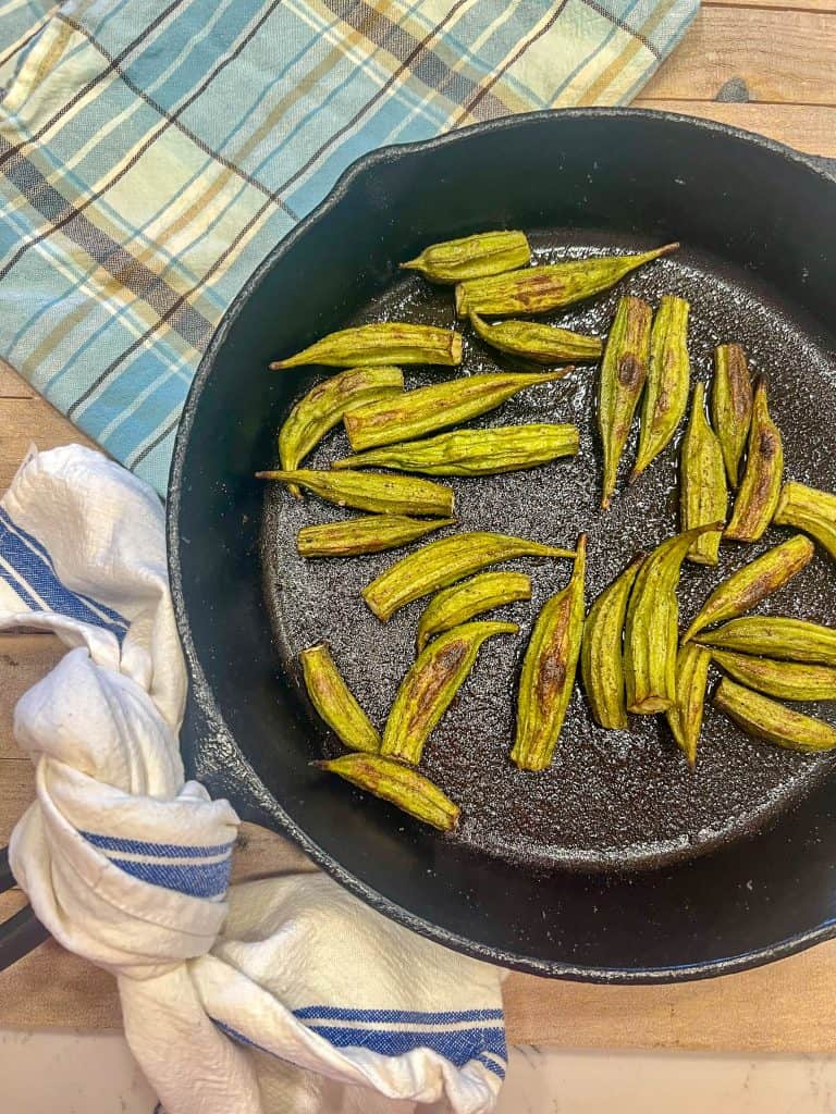 skillet roasted okra in a skillet