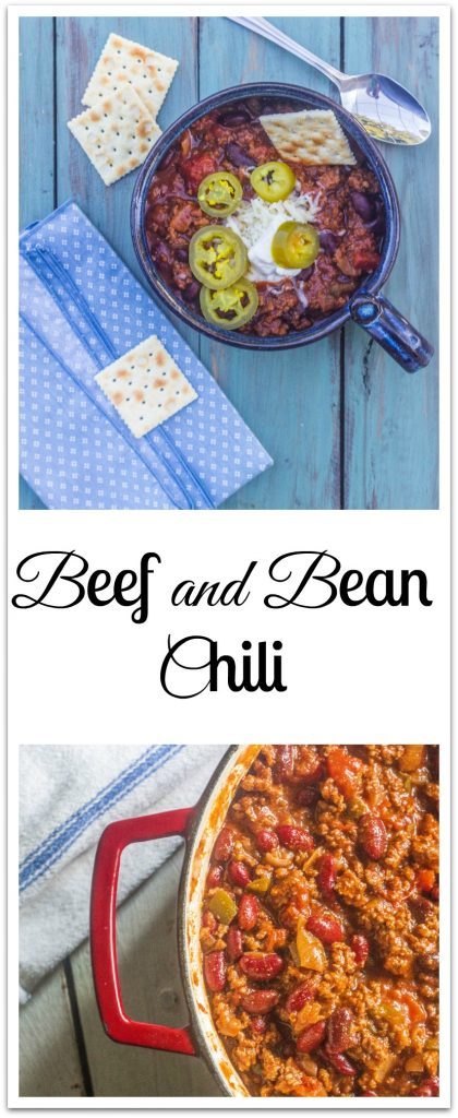 Beef and Bean Chili. Hardy and filling. Made with ground beef, aromatics and ordinary pantry items.