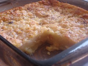 Biscuit pudding in baking pan.