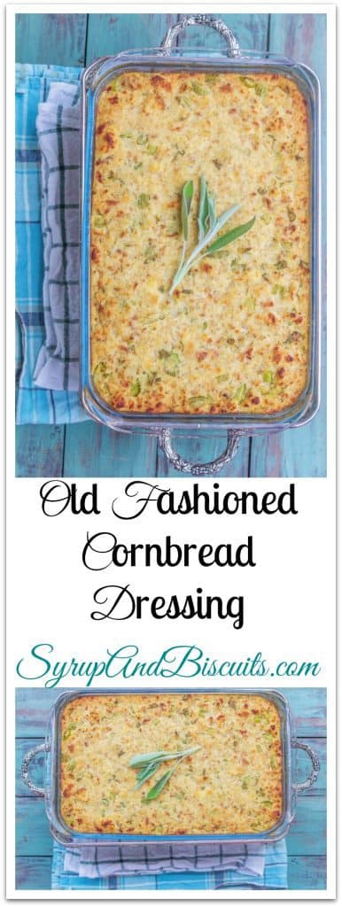 Old Fashioned Cornbread Dressing in baking dish.