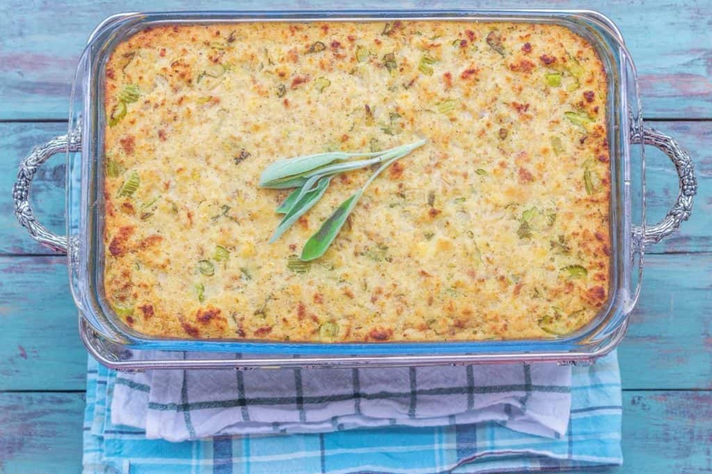 Old Fashioned Cornbread Dressing in baking dish.