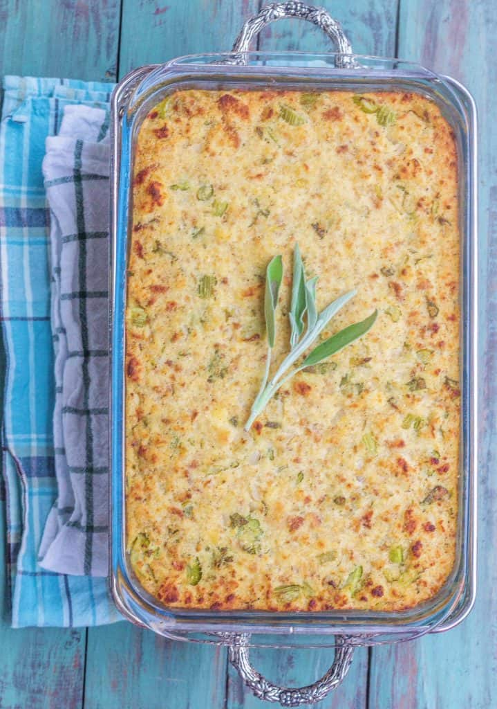 Old Fashioned Cornbread Dressing in baking dish.