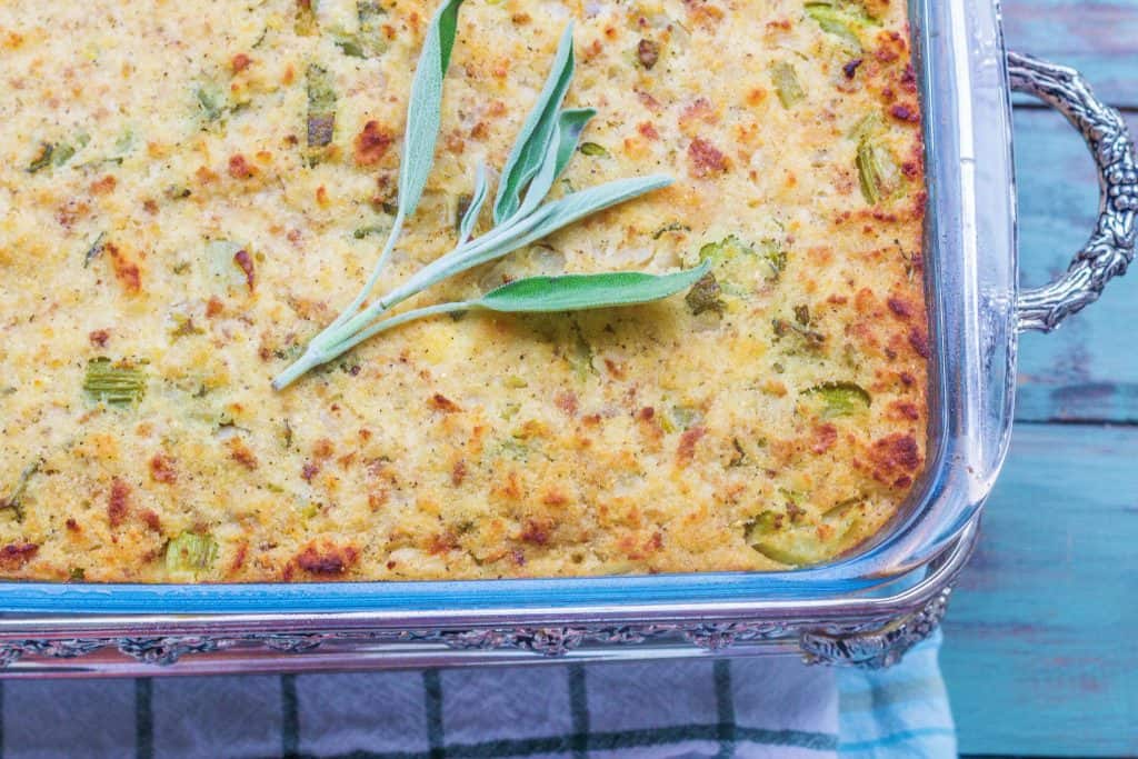 Old Fashioned Cornbread Dressing in baking dish.