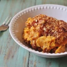 Sweet Potato Casserole. A Thanksgiving tradition. Sweet potatoes are mashed, sweetened and flavored with spices then topped with an oatmeal