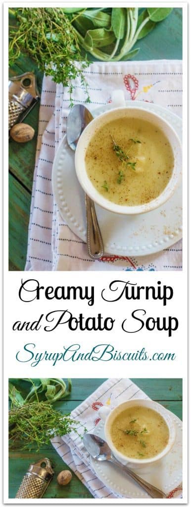 Creamy Turnip Potato Soup is turnip roots, Yukon Gold potatoes, sweet onions, garlic, and herbs stewed in butter with added chicken stock and served with a light grating of fresh nutmeg.
