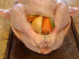 Upside down turkey stuffed full.
