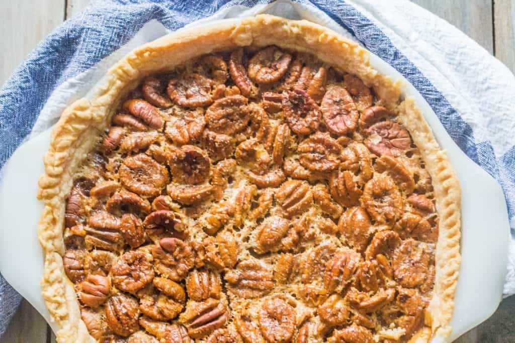 Classic Southern Pecan Pie in baking dish.