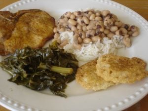 Traditional Southern New Year's Day menu on a plate.