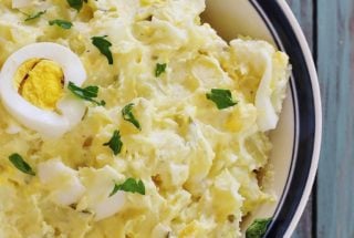 Hot Country Potato Salad. Boiled potatoes are mixed with mayonnaise, chopped boiled eggs and sweet pickle relish. Served warm. One of the most popular recipes on the site.