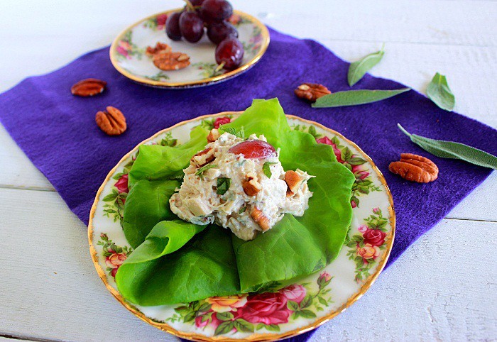 pecan sage chicken salad on a serving plate