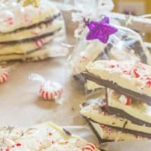 Peppermint Bark is an easy and elegant Christmas gift. It's a cinch to make with only four ingredients and contains layers of  semi-sweet and white chocolate. It's topped with crushed peppermint candy for a festive appearance.