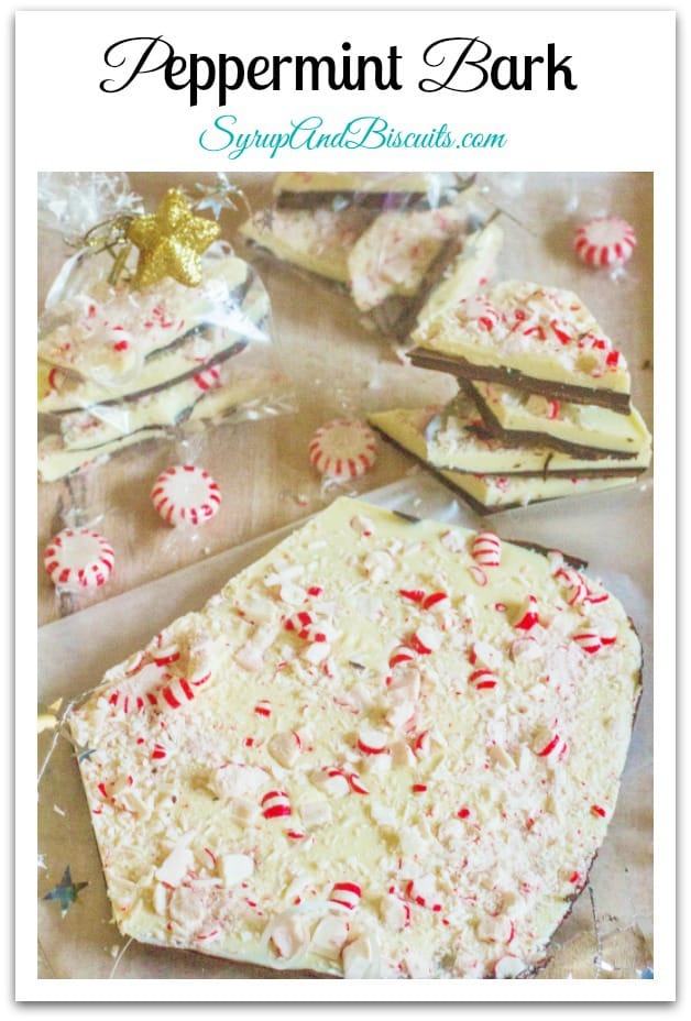 Peppermint Bark is an easy and elegant Christmas gift. It's a cinch to make with only four ingredients and contains layers of  semi-sweet and white chocolate. It's topped with crushed peppermint candy for a festive appearance. #peppermint #candy