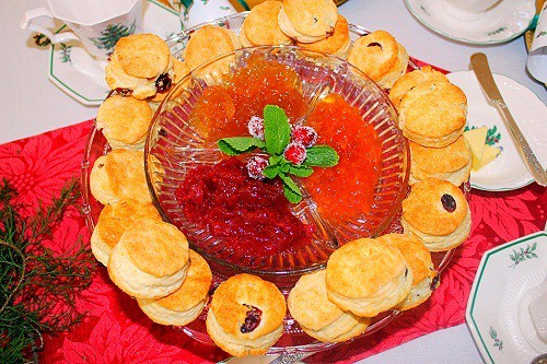Orange Cranberry Biscuits with Strawberry Jam, Pear Preserves and Apricot Preserves