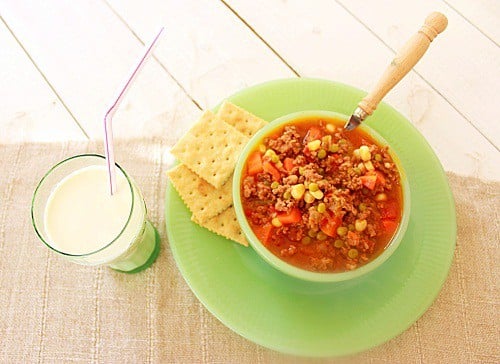 School lunchroom Hambuger Soup in bowl with milk on the side