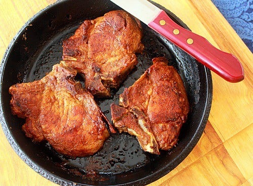 Skillet Roasted Pork Chops in cast iron.
