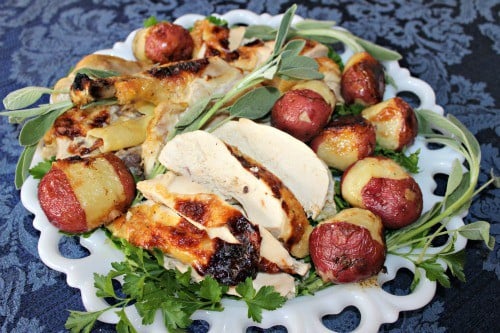 Roast Chicken with potatoes served rustic style ~ Syrup and Biscuits