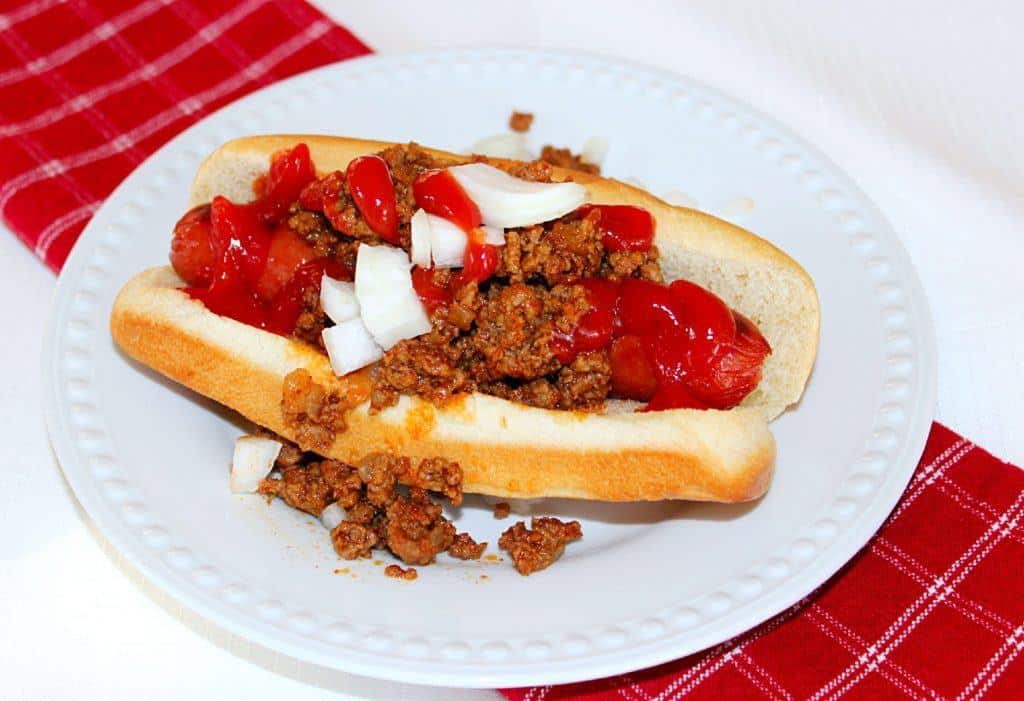 Hot Dog with Chili on a plate.