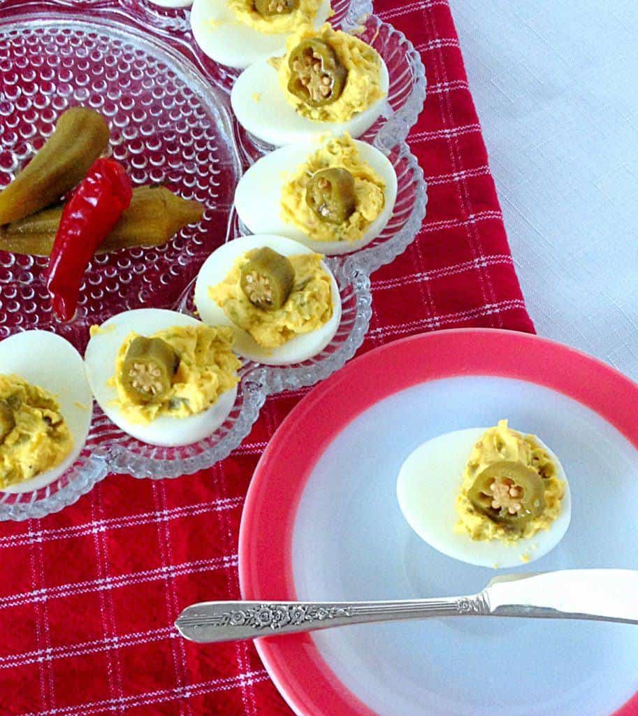 Pickled Okra Deviled Eggs ~ Syrup and Biscuits