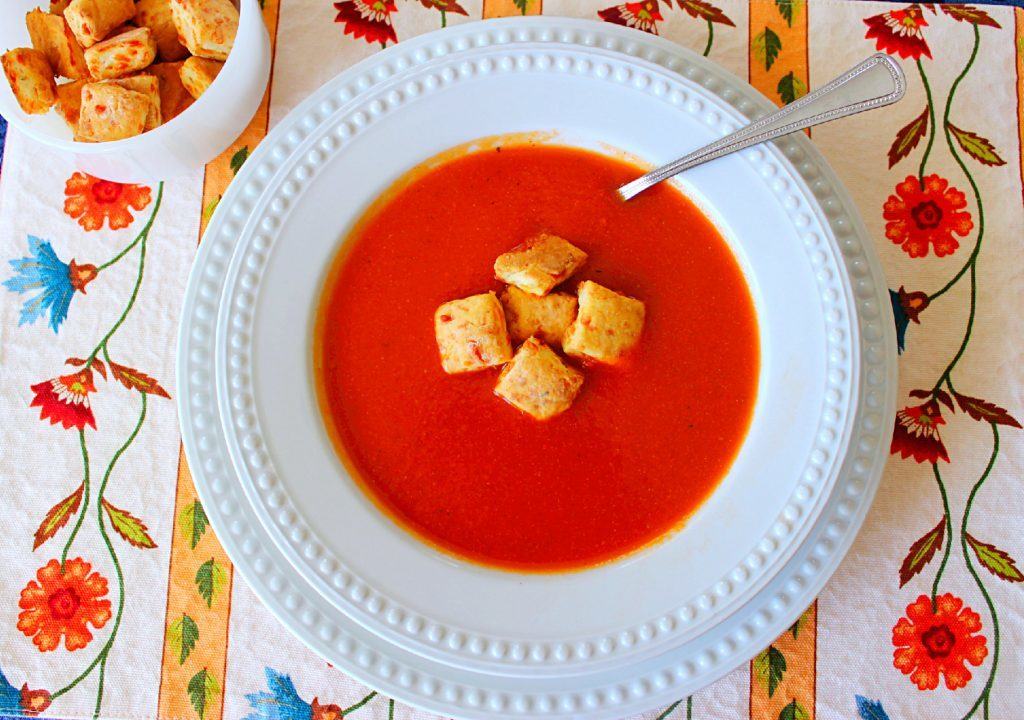 Tomato Soup with Herb Cheese Biscuit Croutons ~ Syrup and Biscuits