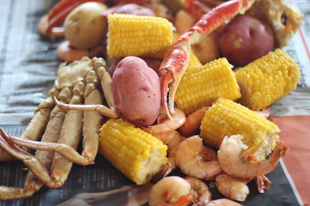 Shrimp and Crab Boil on table.
