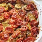 Summer Vegetable Casserole. Layers of tomatoes, squash, zucchini, cheese, herbs and spices. #tomato #squash #zucchini #casserole #southern