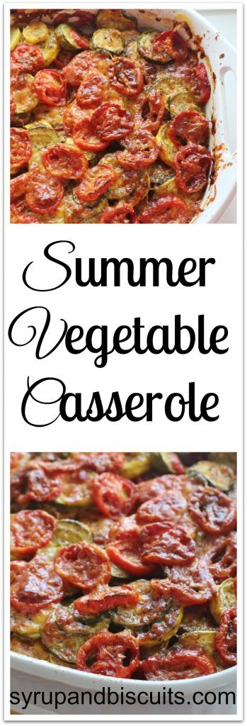 Summer Vegetable Casserole. Layers of tomato, yellow squash, zucchini and cheese on a bed of caramelized onions.