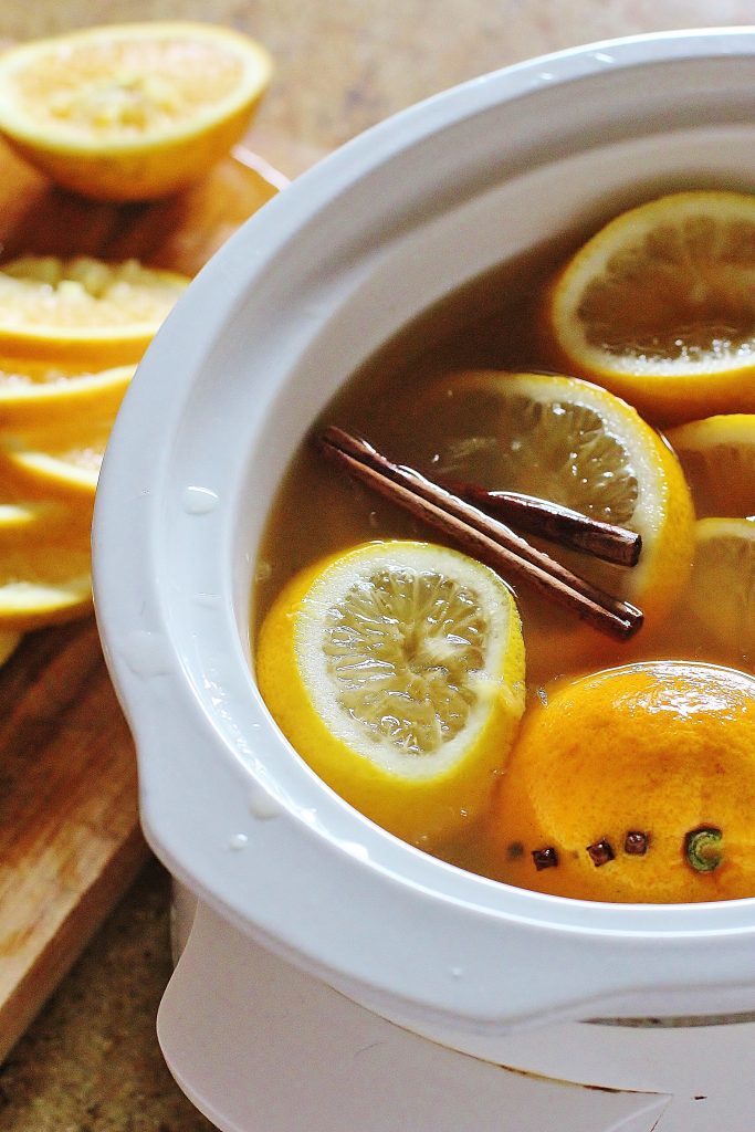 Slow Cooker Hot Mulled Apple Cider. Apple cider with oranges, lemons, brown sugar, cloves and cinnamon sticks