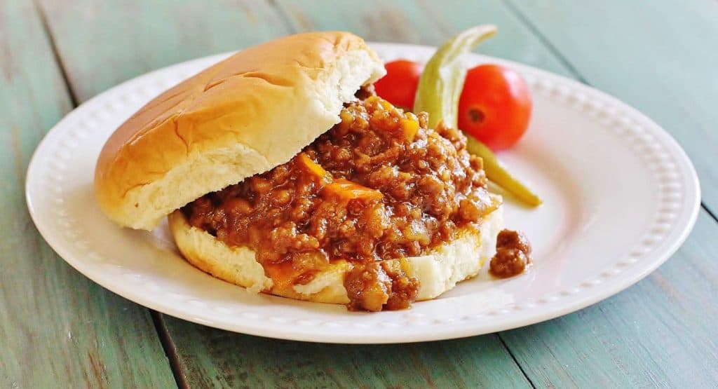 Two Meat Sloppy Joes. An All-American standard made with ground beef, ground pork, peppers, onions and a BBQ-y sauce.