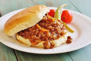 Two Meat Sloppy Joes. An All-American standard made with ground beef, ground pork, peppers, onions and a BBQ-y sauce.