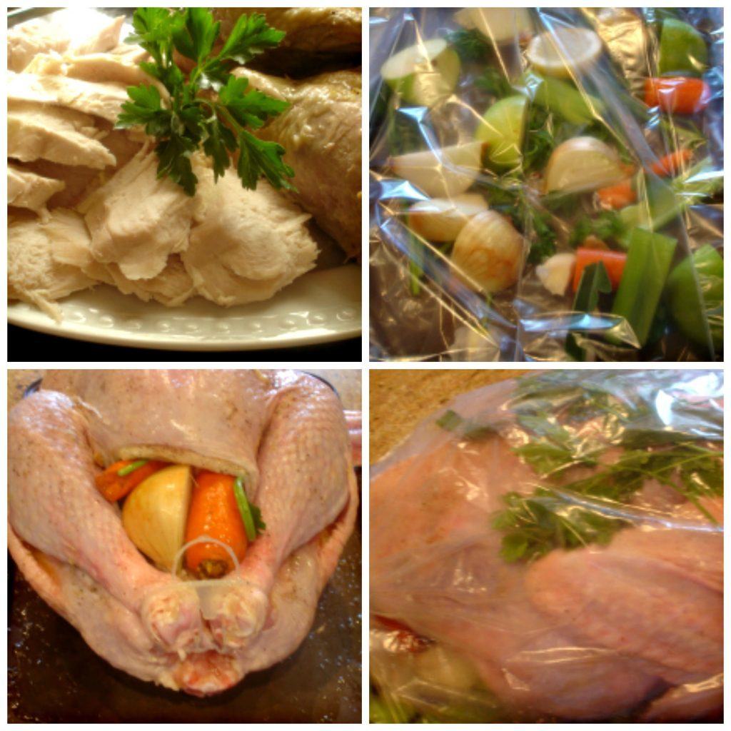 Upside Down Inside Outside Turkey. A whole turkey cooked cooked with fruits, vegetables and herbs, upside down in a brown 'n' bag. The white meat is as tender as the dark.