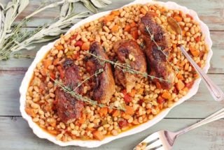 Country-style Ribs and Great Northern Beans. A one pot meal of seasoned boneless country-style meal cooked over a stew of dried beans, onions, carrots, celery, garlic and fresh herbs.