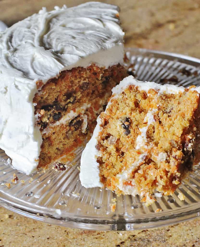 Carrot Cake. A moist cake made from lots of fresh shredded carrots, pecans, raisins and spices with a Cream Cheese Icing. 
