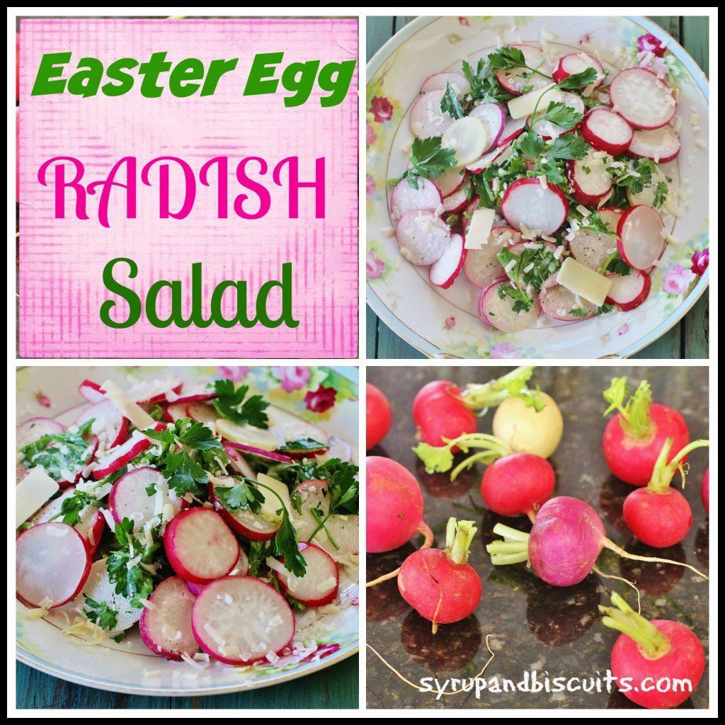 Easter Egg Radish Salad. Sliced Easter Egg Radishes, Parmesan cheese, parsley and a creamy dressing make this colorful dish to use as a salad or a garnish.