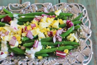 Green Bean Salad. Blanched green beans, boiled eggs, red onion and blue cheese dressing