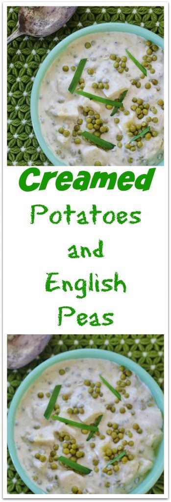 Creamed Potatoes and English Peas. Yukon gold potatoes and tender English peas cooked in a creamy white sauce.