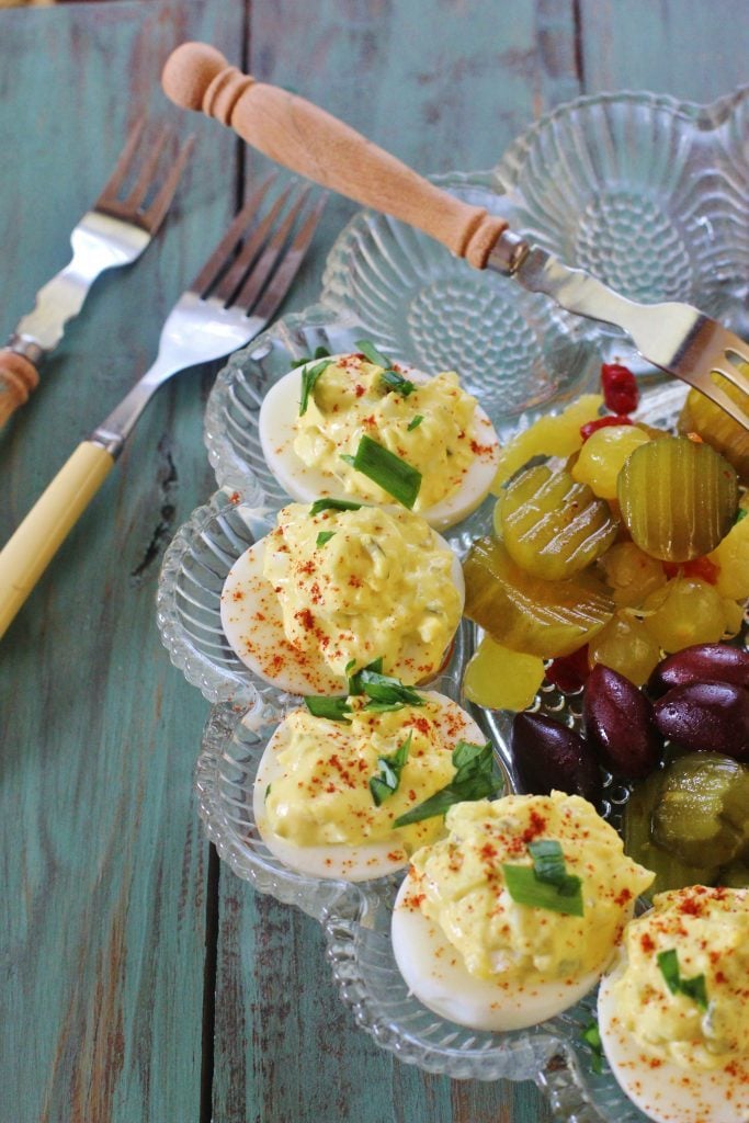 Southern Deviled Eggs. A classic recipe for boiled eggs filled with a mixture of egg yolks, mayonnaise, sweet pickle relish, yellow mustard and salt and pepper.