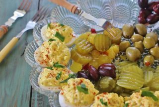Southern Deviled Eggs. A classic recipe for boiled eggs filled with a mixture of egg yolks, mayonnaise, sweet pickle relish, yellow mustard and salt and pepper.