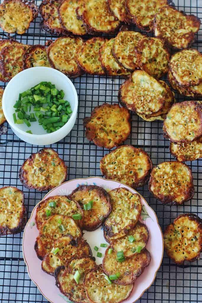 Potato and English Pea Fritters. Leftover mashed potatoes mixed with English peas and green onions.