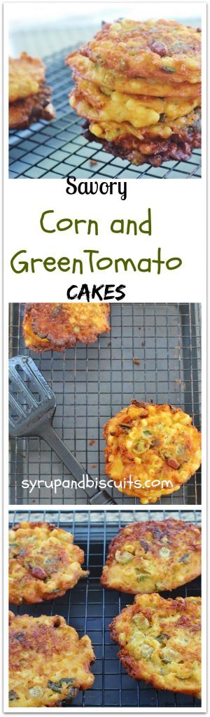 Savory Corn and Green Tomato Cakes on cooling racks.