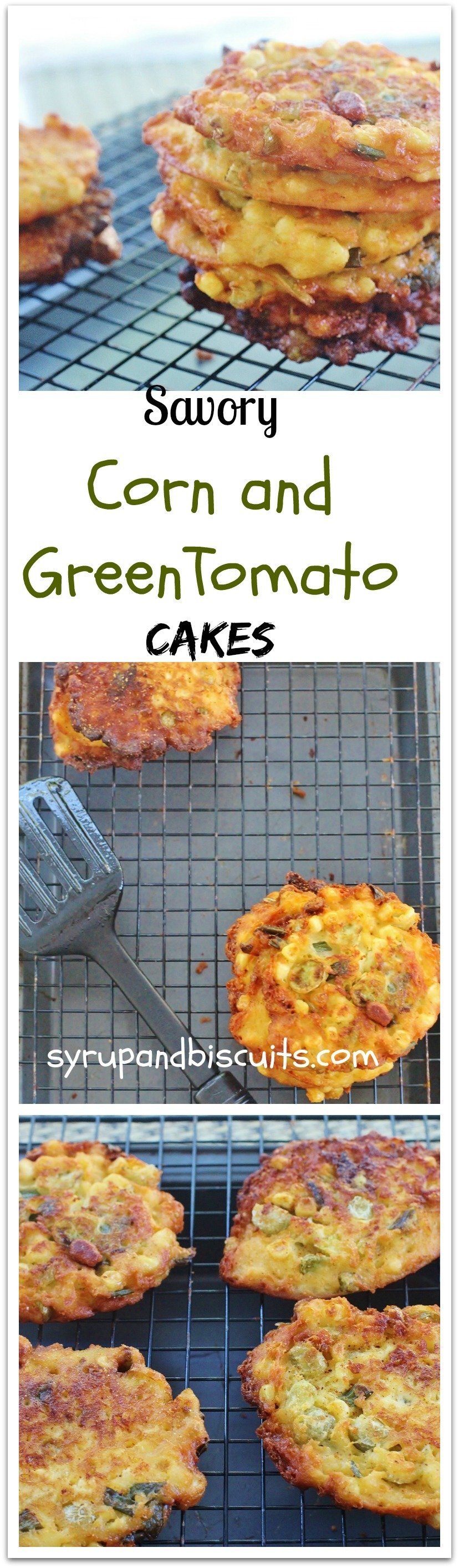 I had a few more green tomatoes,  knocked from the tomato bushes by the storm, that I wanted to use before they started ripening.  A bag of frozen Silver Queen Corn begged to get used. Green onions are plentiful in my garden.  I've got good cornmeal. And Parmesan cheese that I need to use up. #CornGreen #TomatoCakes